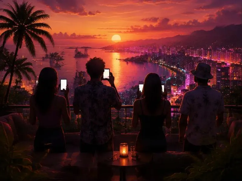 Pessoas de costas num terraço olhando o pôr do sol, com celulares acesos.