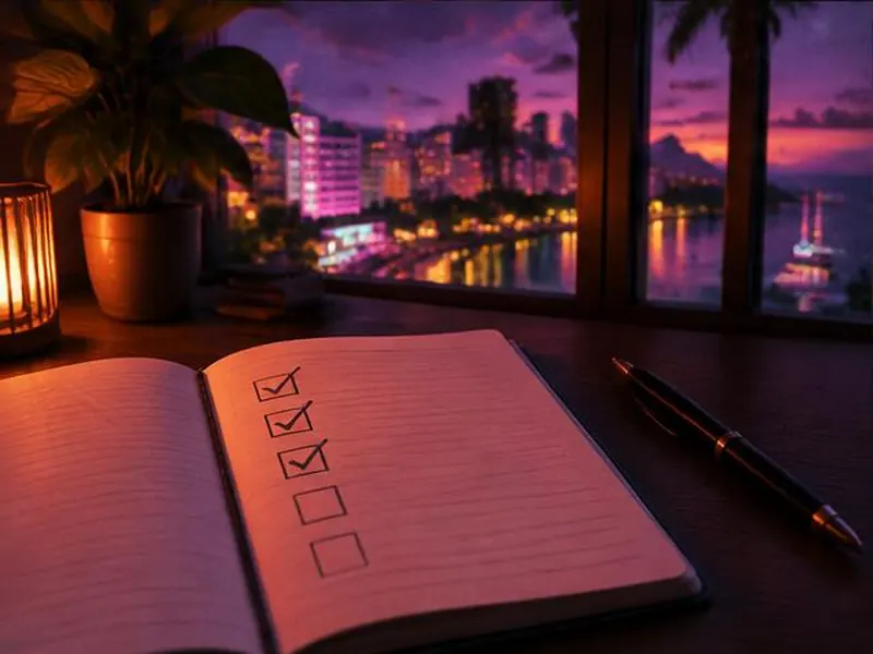 Caderno com caixas marcadas e caneta perto da janela com vista para a cidade.