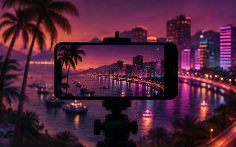 Celular num tripé filmando a cidade iluminada por neon.