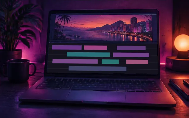 Notebook com blocos de edição coloridos numa mesa iluminada por neon.