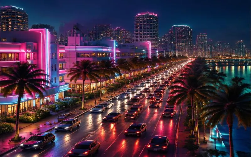 Cidade à noite com luzes de neon e trânsito na orla.